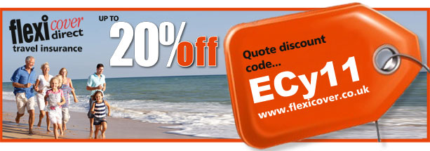 Travel Insurance Voucher. Now up to 20% off. www.flexicover.co.uk Please enter ECy11 in the discount reference box when booking.